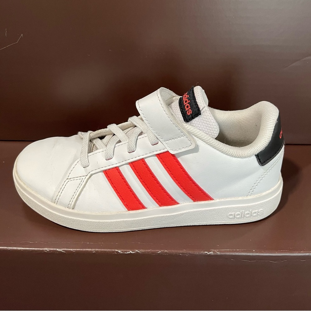 Adidas Kids White Sneakers with Red Stripes